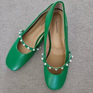 C.Paravano Mary Jane Flats  - Square Toe Ballet Flats with Pearl Strap Eu Sz 39